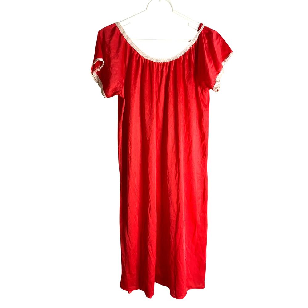 Vintage Nylon Nightgown Nightie Size Medium Coral Pink Red Lace Edge
